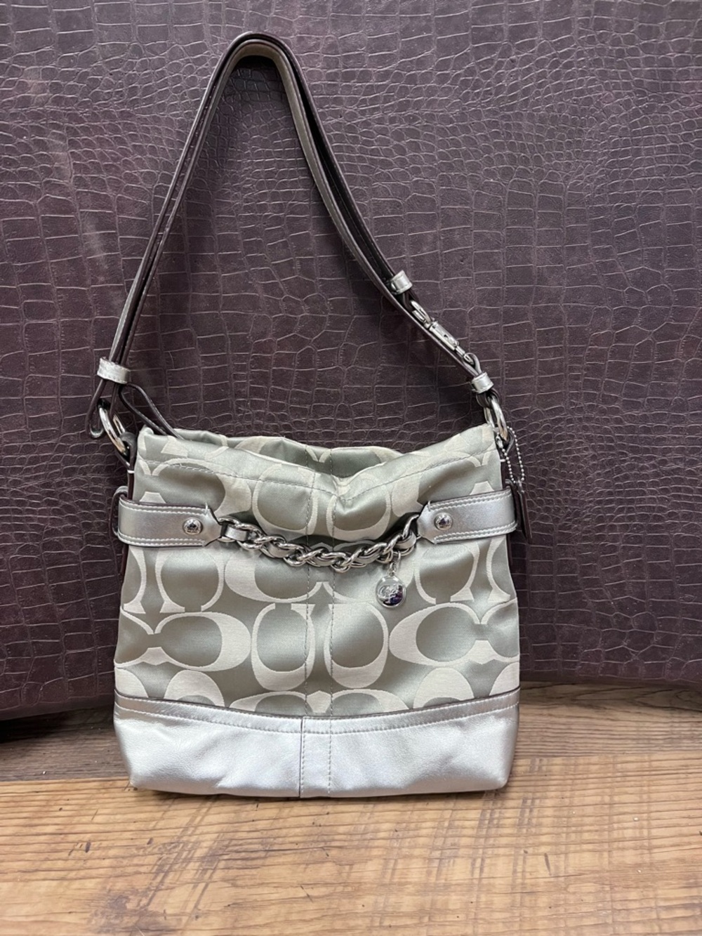 Coach Metallic Grey and Silver Signature Shoulder Bag